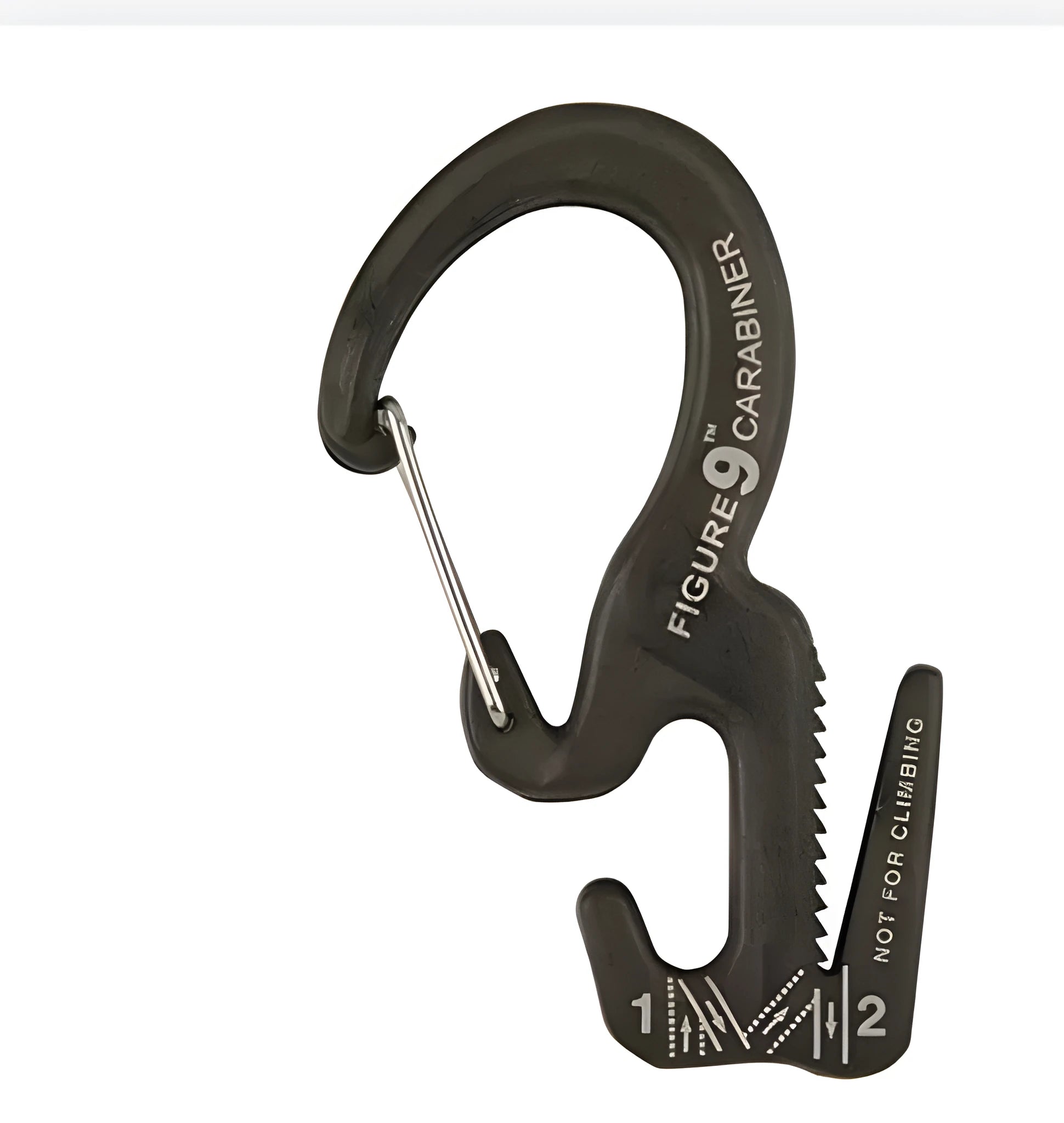 Small aluminum rope tightening mechanism with carabiner clip in black colour for camping and tarp use
