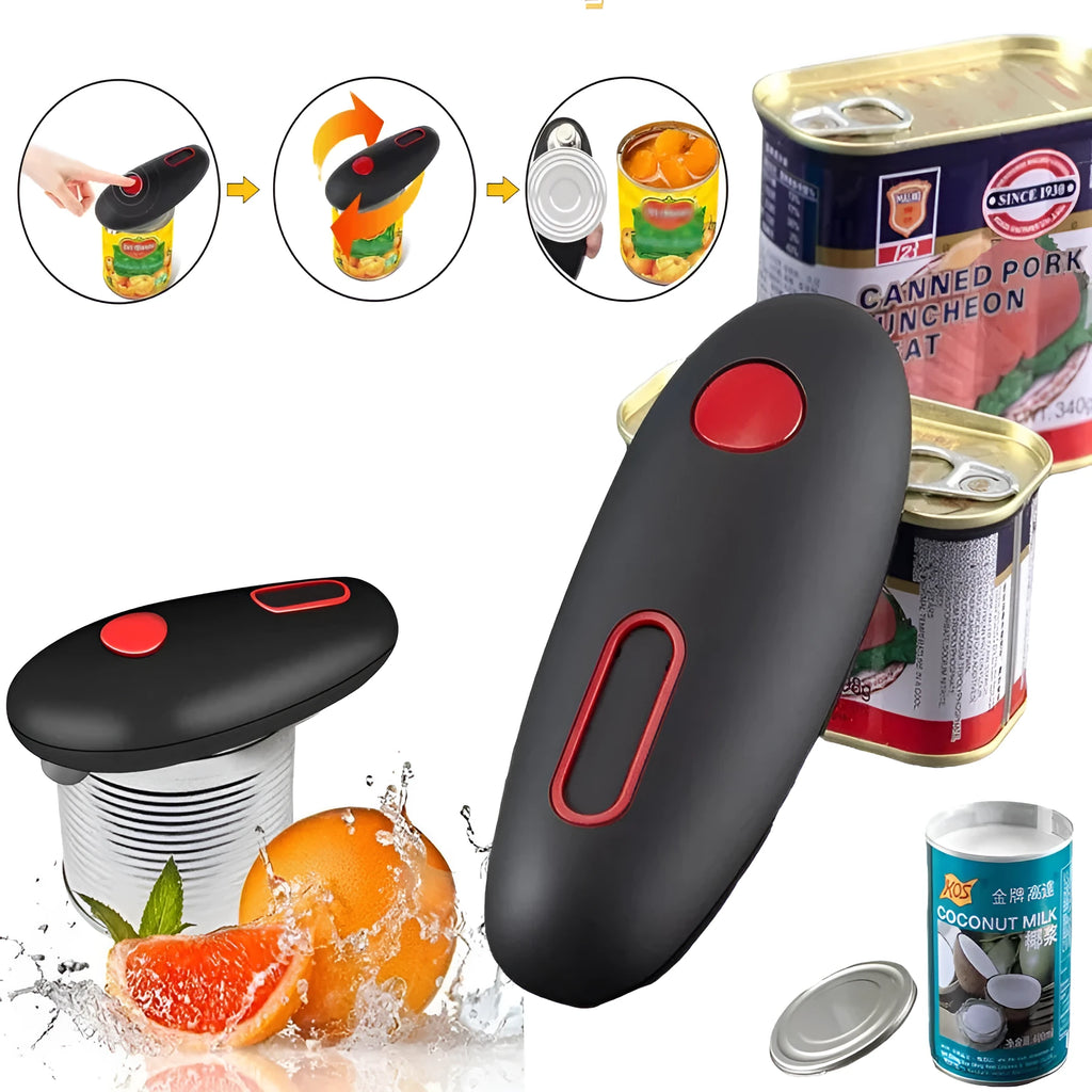 Electric can opener in black plastic on a kitchen counter