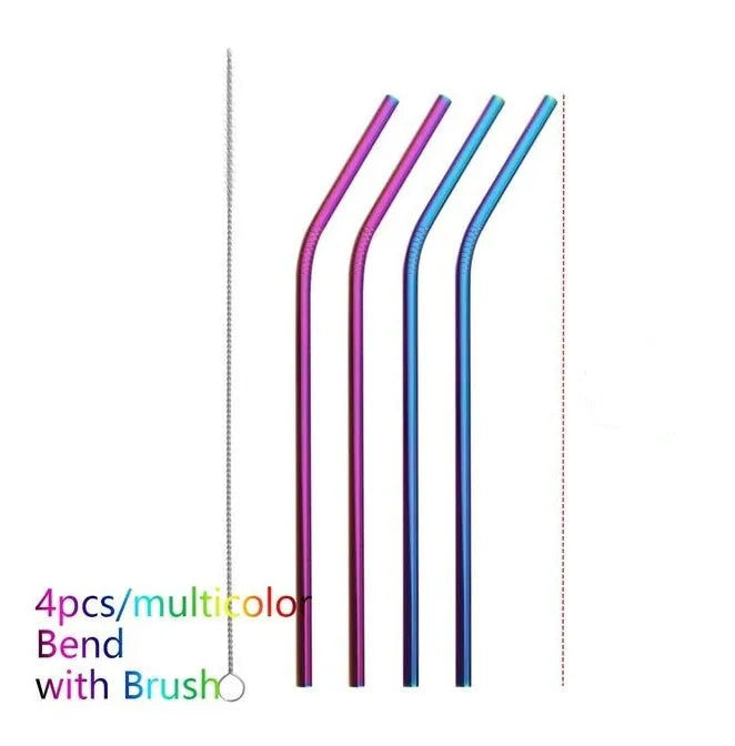 Set of four colourful reusable stainless steel straws in straight and bent styles with a cleaning brush.