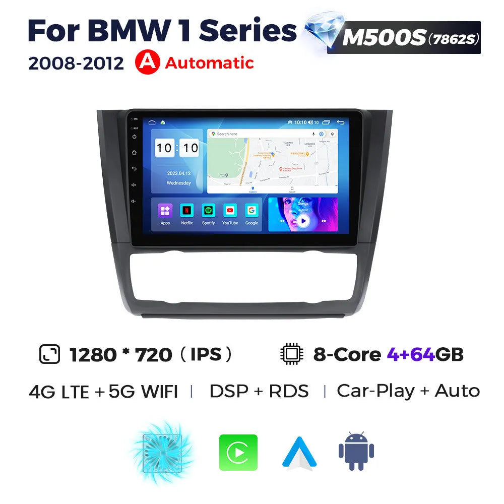 BMW E87 dashboard showing installed 9-inch Android car stereo and navigation touchscreen unit