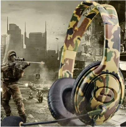 Camouflage wired over-ear headphones with 3.5mm straight plug on a plain background