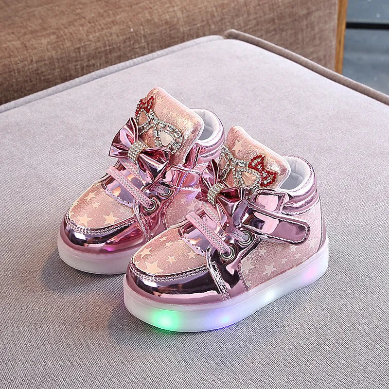Children's LED light up shoes with magic button in golden, pink, and silvery colours