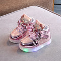 Children's LED light up shoes with magic button in golden, pink, and silvery colours