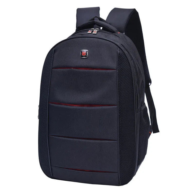 Black nylon casual laptop backpack for men and women, side view, multiple compartments