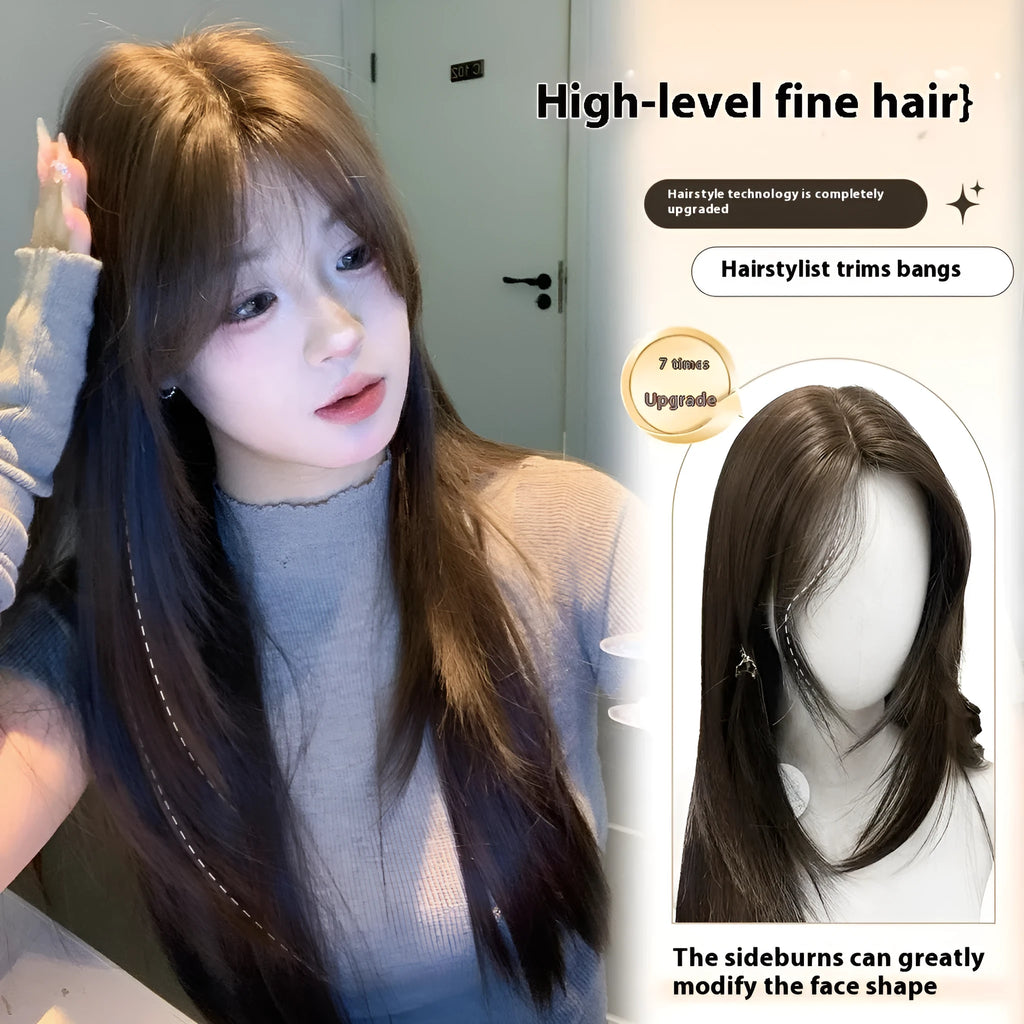 Cold brown layered long straight full-head synthetic wig with lace style construction