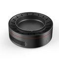 Black multi-function electronic ashtray purifier, 18x18x7.3cm, with 3000mAh battery and negative ion air cleaning.