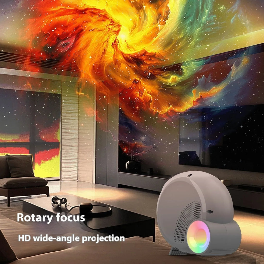 White modern simplicity star light projector with remote control on a bedroom surface, measuring 20x19x10.1cm