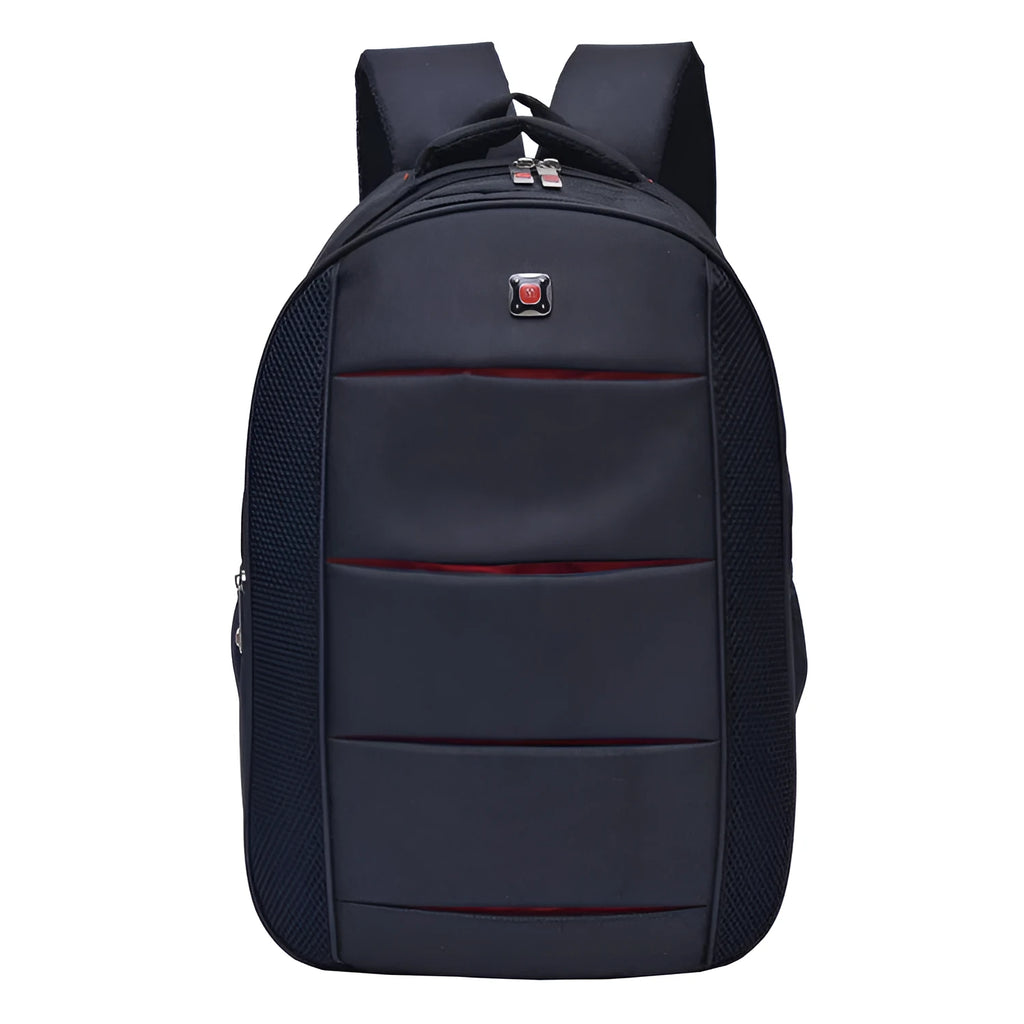 Black nylon casual laptop backpack for men and women, side view, multiple compartments
