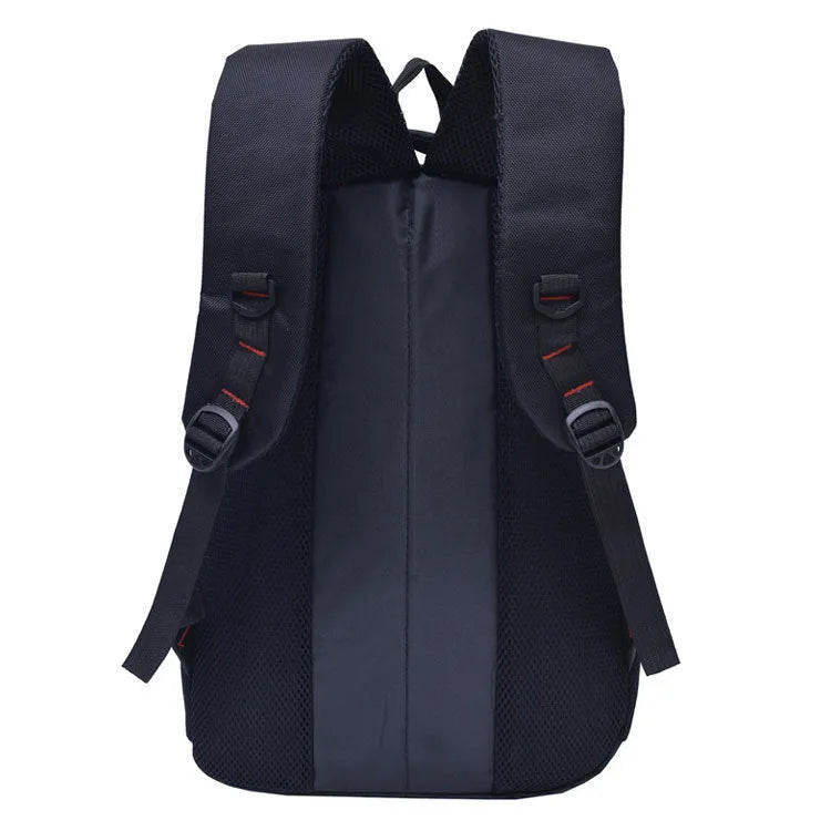 Black nylon casual laptop backpack for men and women, side view, multiple compartments