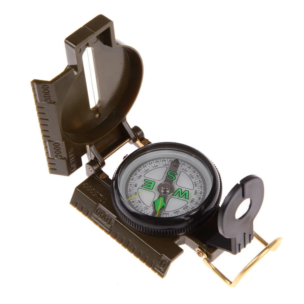 Army green aluminium alloy foldable compass with kerosene damping, opened to show lens and needle