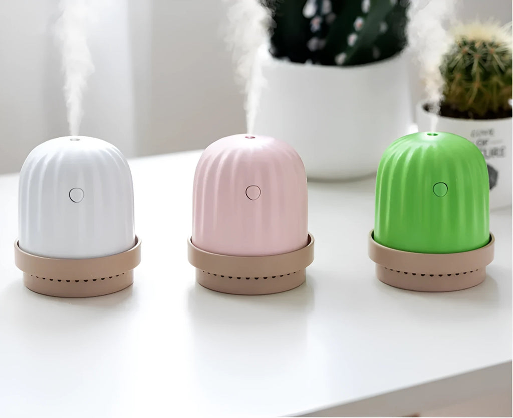 Cactus humidifier night light in green with colourful glow, 260ml tank, USB model