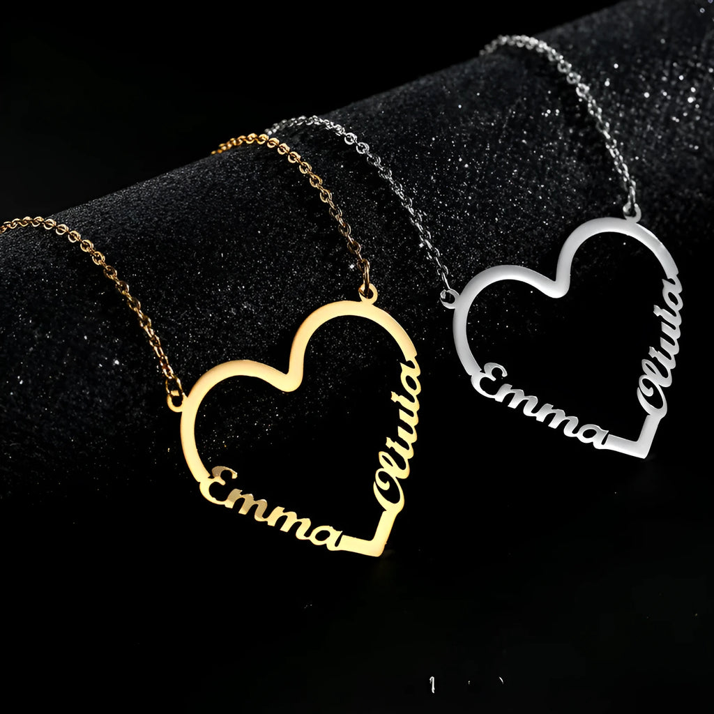 Custom stainless steel name heart pendant necklace with 18K gold plating and adjustable chain