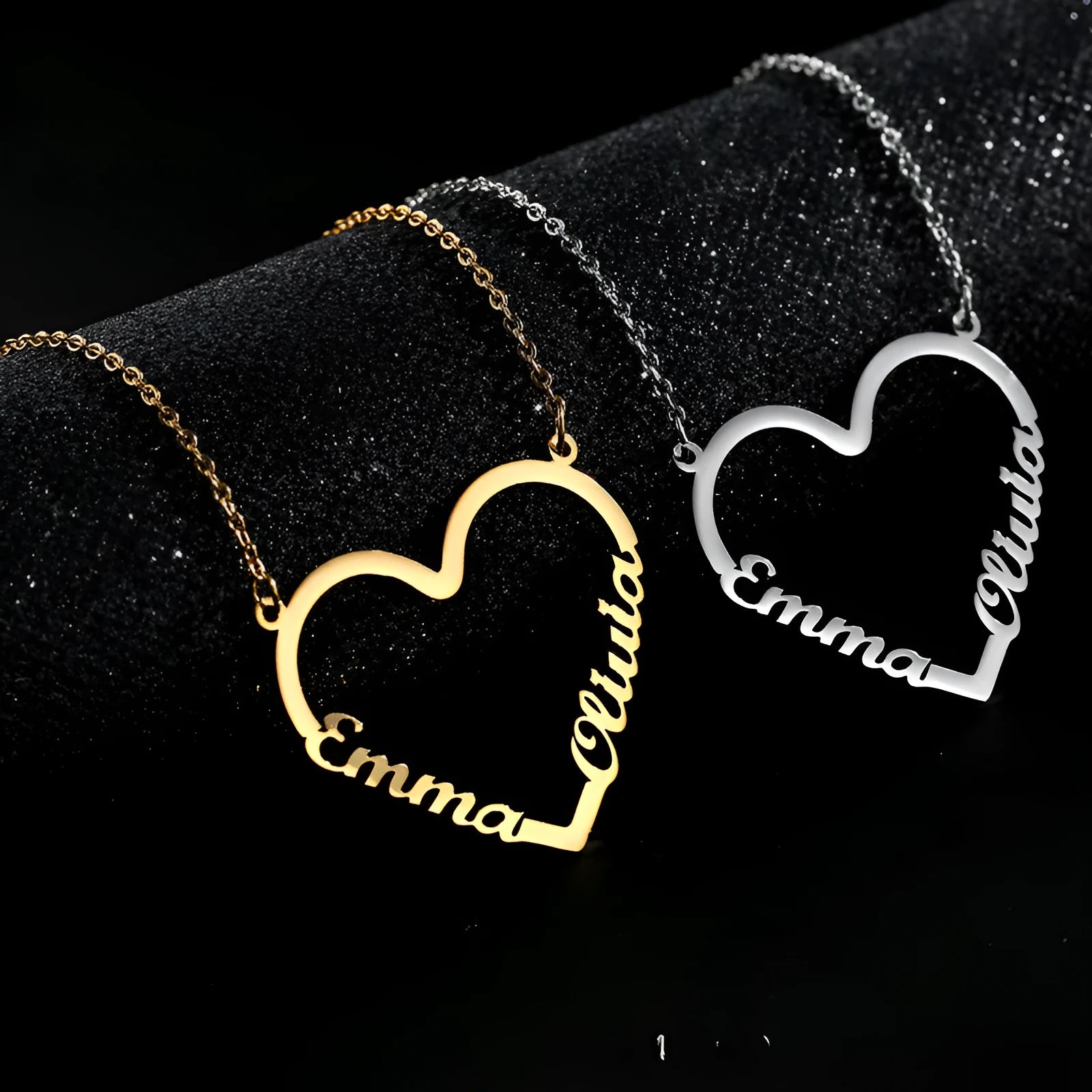 Custom stainless steel name heart pendant necklace with 18K gold plating and adjustable chain