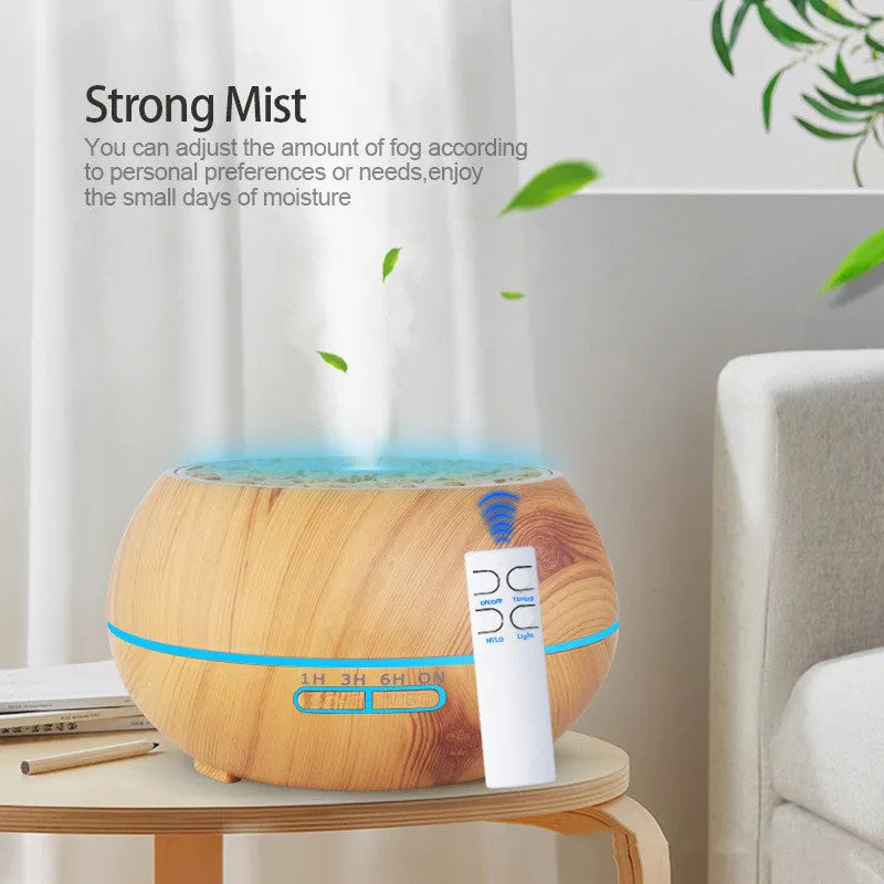 Four-hole ultrasonic aroma diffuser with 400ml capacity in dark wood grain finish, showing controls and mist outlets