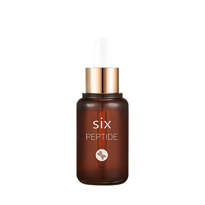 Hexapeptide skin care set of seven bottles and jars including toner, cleanser, cream, essence, eye cream, and BB cream on white background