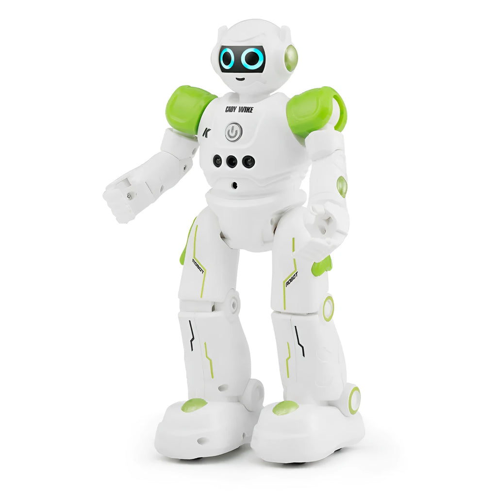 Remote control intelligent robot with glowing eyes, blue colour, on a white background