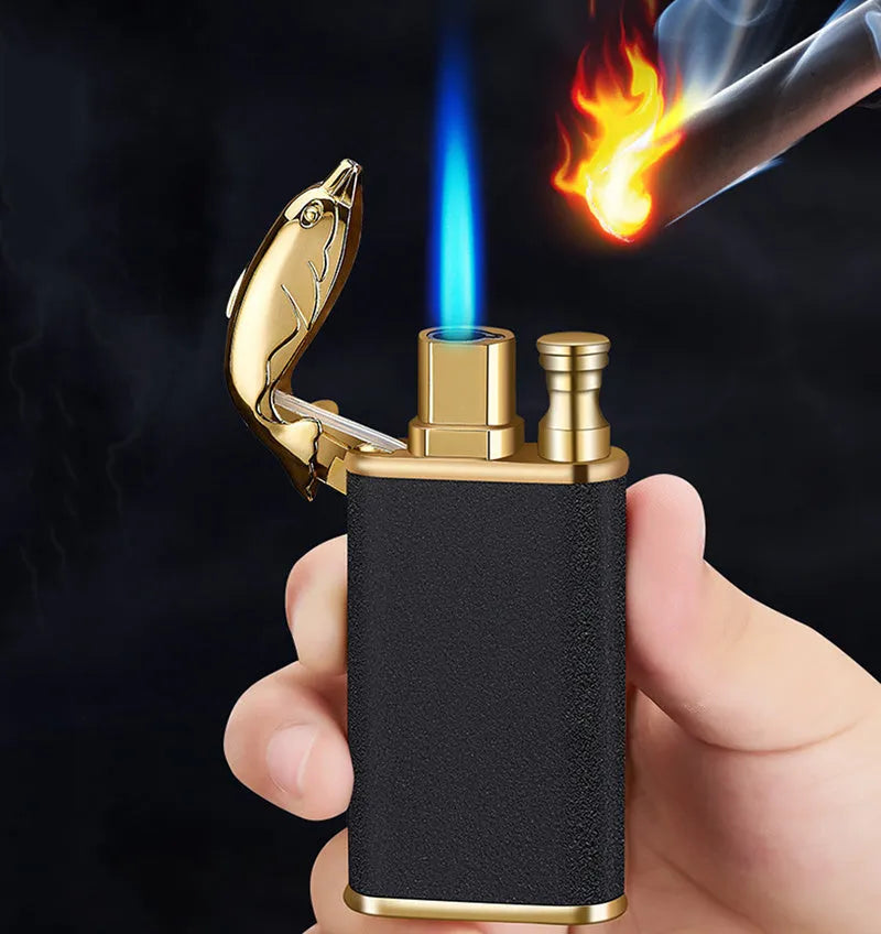 Metal windproof lighter with dragon sculpture and double blue flame
