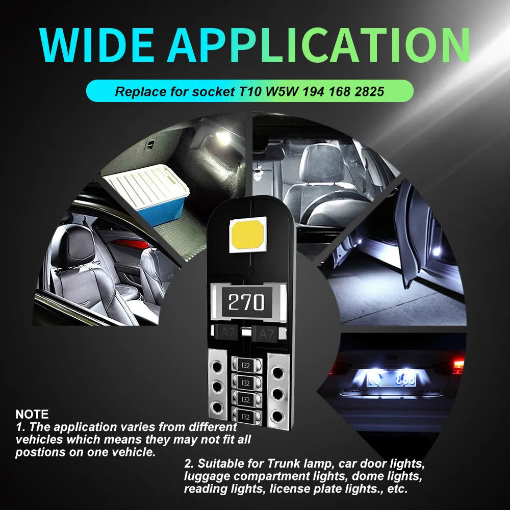 T10 W5W 2W white LED car light bulb with circuit board construction and waterproof rating
