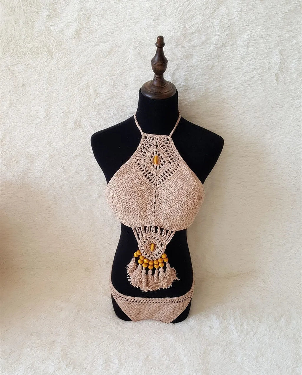 Women's crochet tassel bikini set in black, khaki, and white with tassel details, beachwear