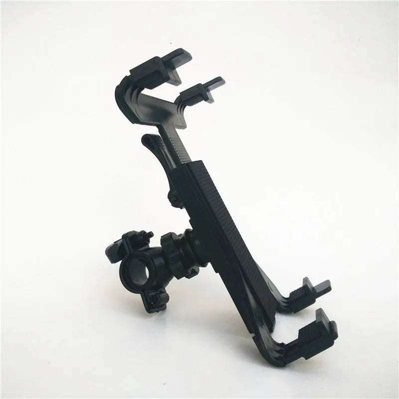 Black bicycle tablet computer stand with adjustable clamp holding an iPad, three-sided sponge padding visible