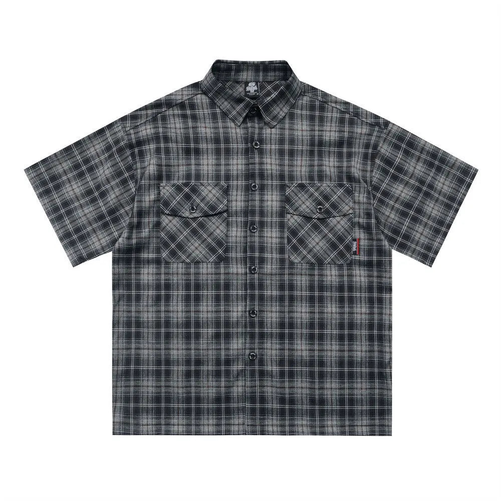 Men's black plaid short sleeve shirt with embroidered letter detail and loose fit design