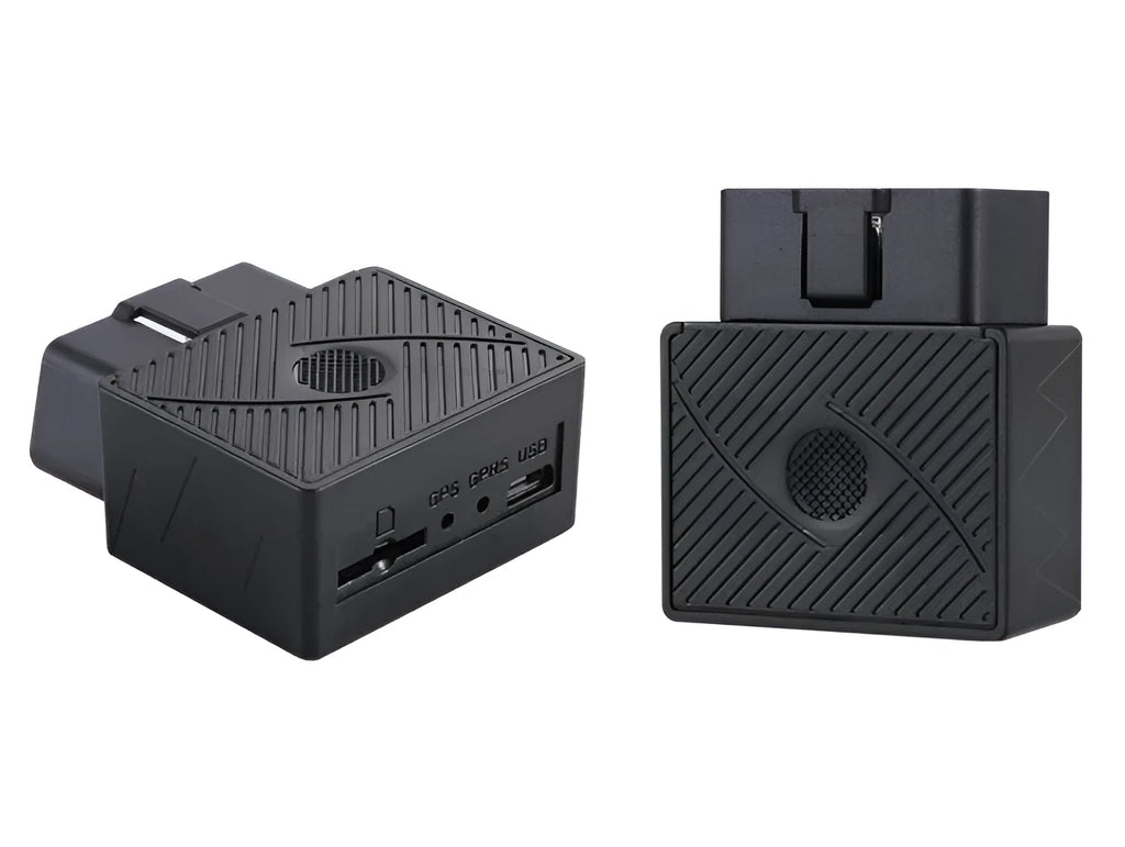 Black ABS car GPS locator model STR03 with OBD plug and satellite tracking, 5m accuracy, multiple alarms.