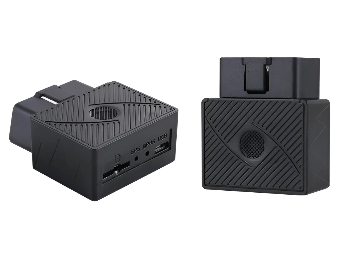 Black ABS car GPS locator model STR03 with OBD plug and satellite tracking, 5m accuracy, multiple alarms.