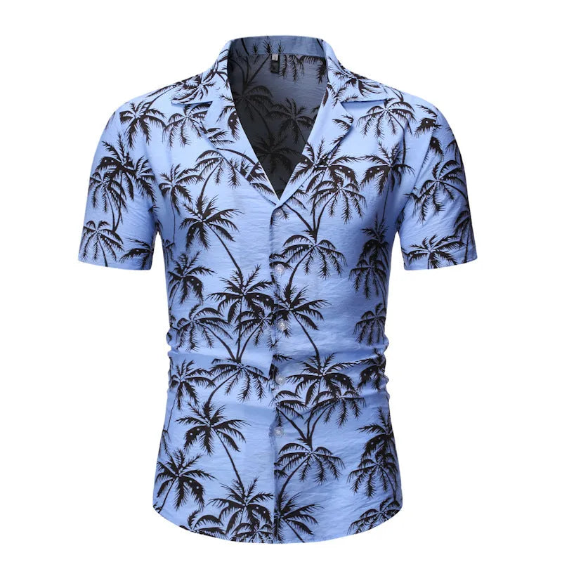 Men's loose lapel print top in light blue, long sleeves, casual polyester shirt
