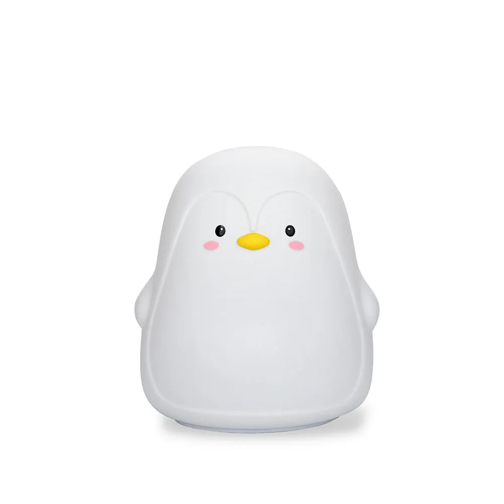 Penguin-shaped silicone and ABS night light with white LED glow, shown with USB charging cable.