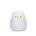 Penguin-shaped silicone and ABS night light with white LED glow, shown with USB charging cable.