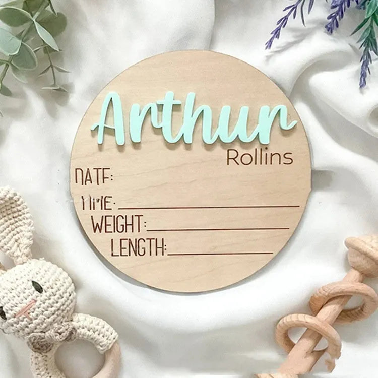 Brown limewood baby birth bulletin board in modern art style, available in sizes from 102mm to 203mm