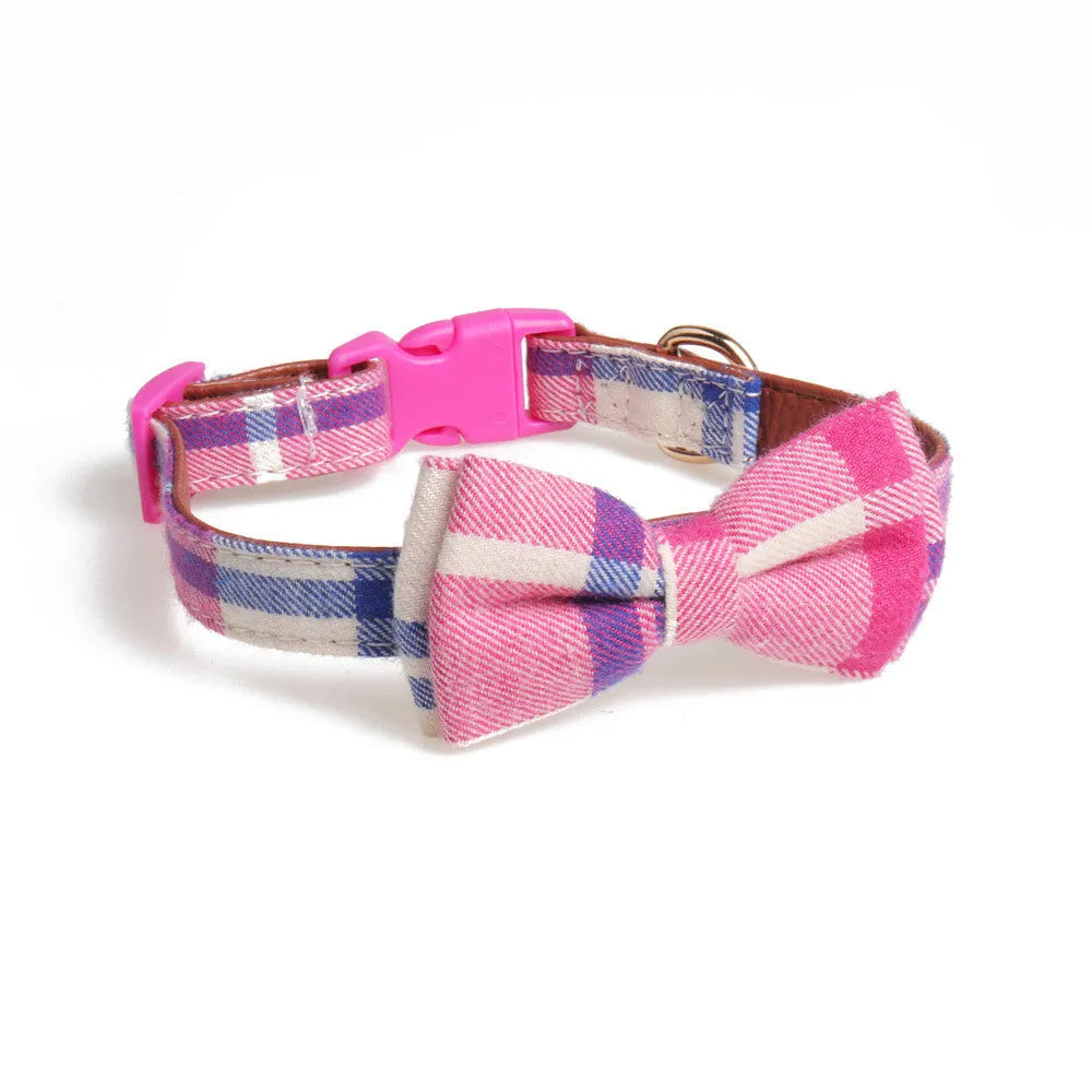 Adjustable bowknot traction collar in lattice pattern for dogs, available in multiple colours and sizes