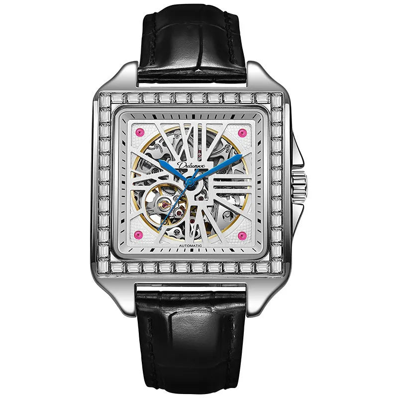 Men's square automatic watch with diamond studs on a black leather strap.
