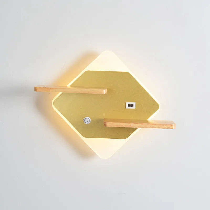 Bedside lamp with phone charging function in round or square design with black, gold or white acrylic shade