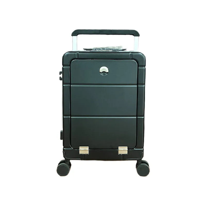 20-inch front opening suitcase in four colour options showing dry wet separation compartments and external holders