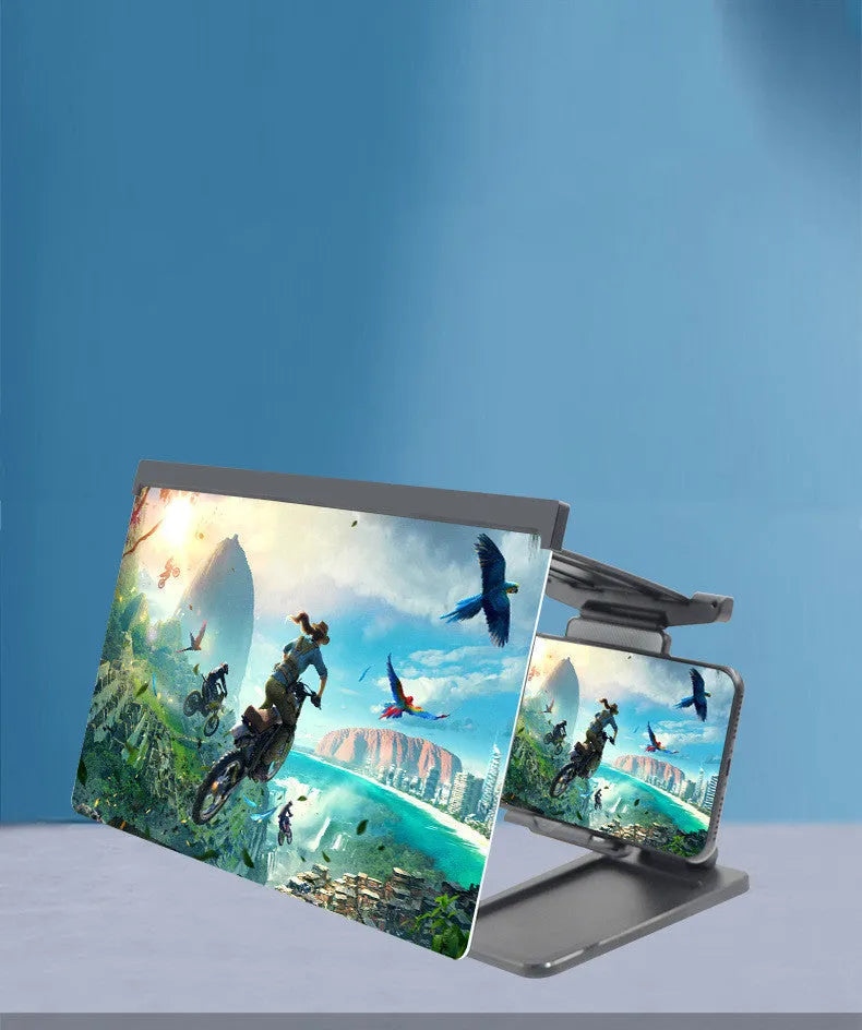 Black folding mobile phone screen magnifier with detachable holder next to an iPhone.