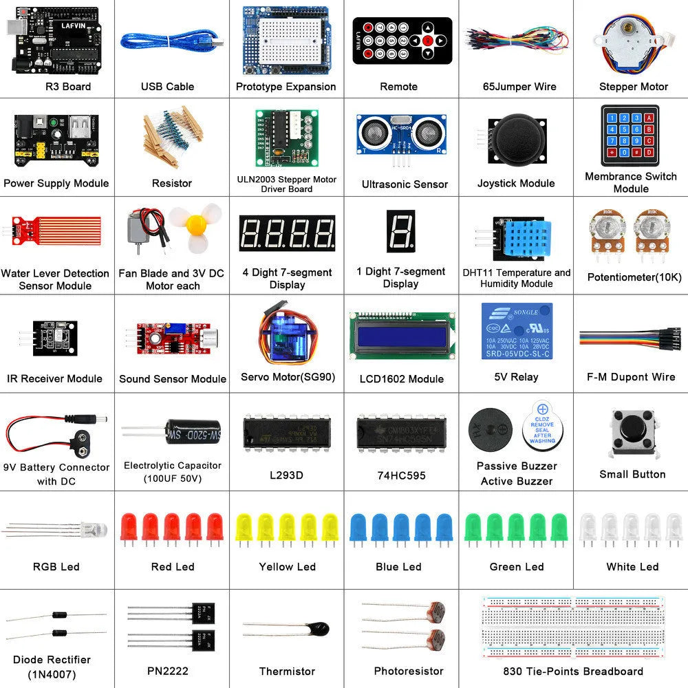 Arduino R3 starter kit with blue UNO board, breadboard, sensors, motors and electronic components