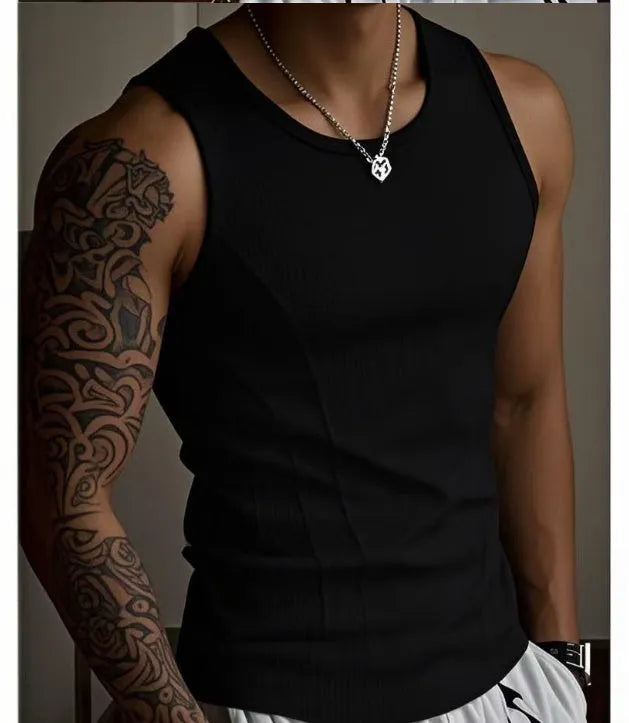 Men's black I-shaped athletic vest tank top with American stitching detail