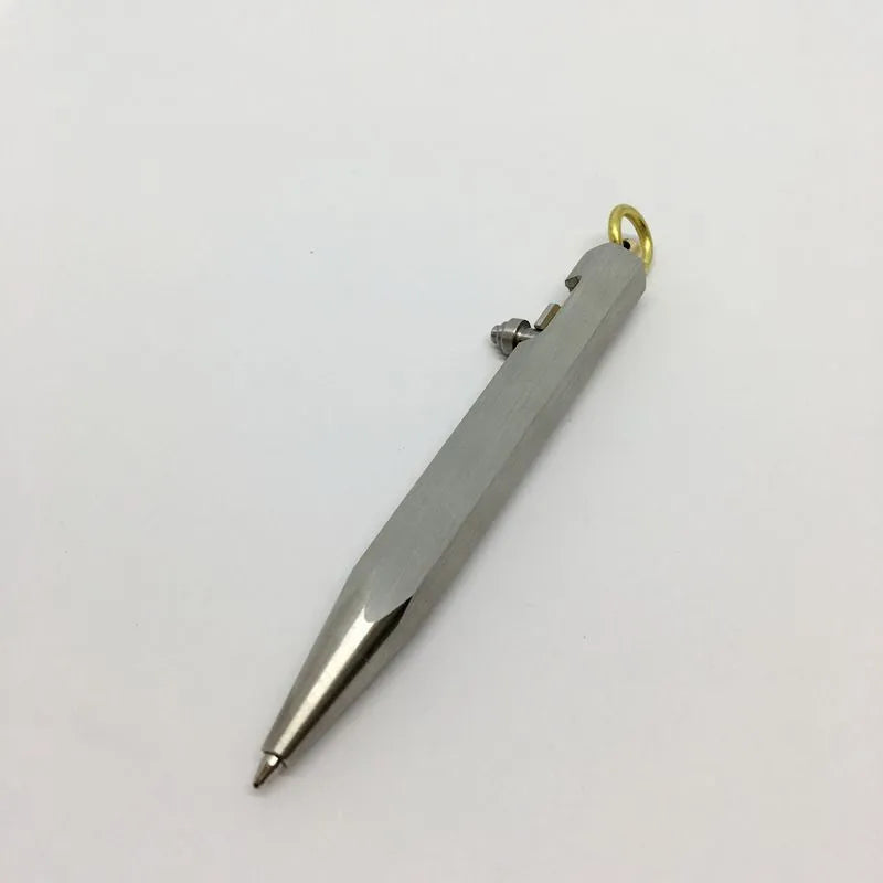 Six-sided stainless steel brass push pen with keychain attachment shown in assorted colours