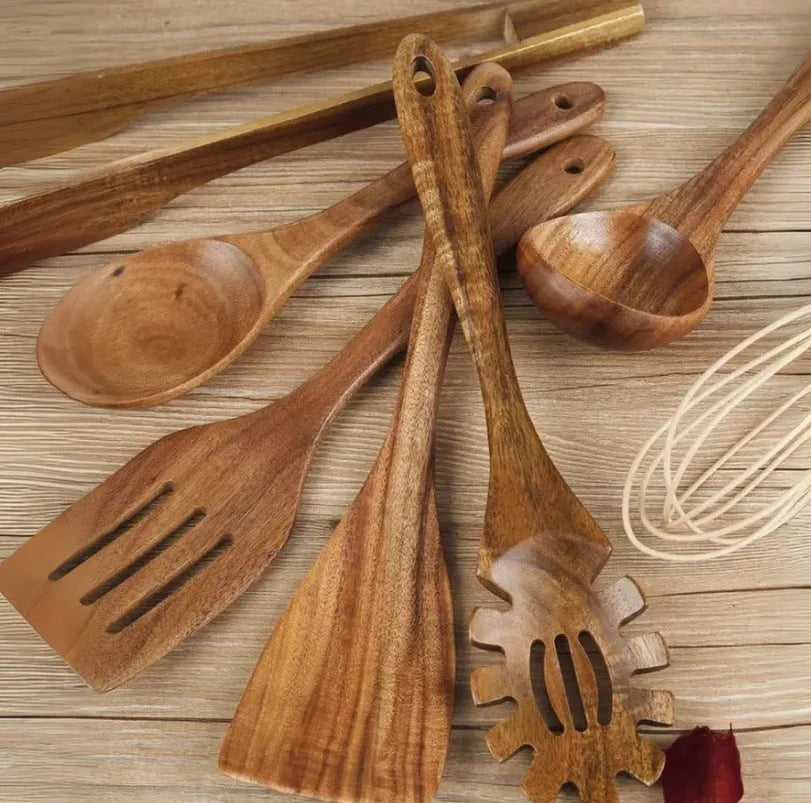 Seven wooden cooking utensils including spoon and shovel for non-stick pans