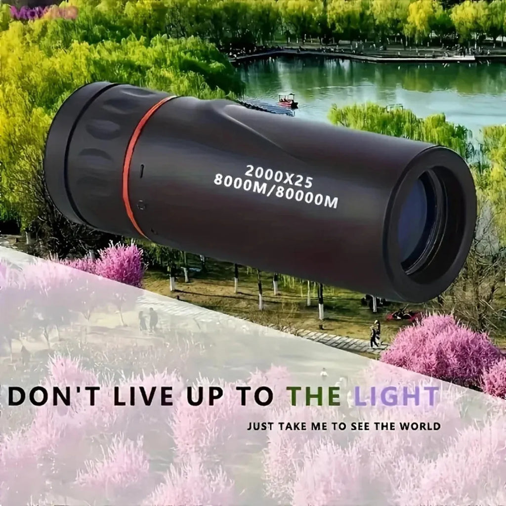 Black monocular telescope with mobile phone holder attached, showing compact single-tube design