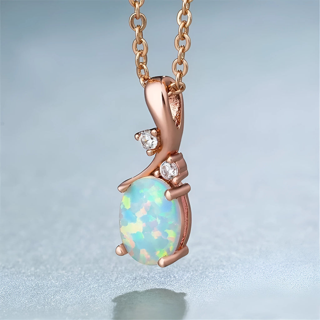 Water drop opal pendant necklace with O-shaped chain, rose gold electroplated finish