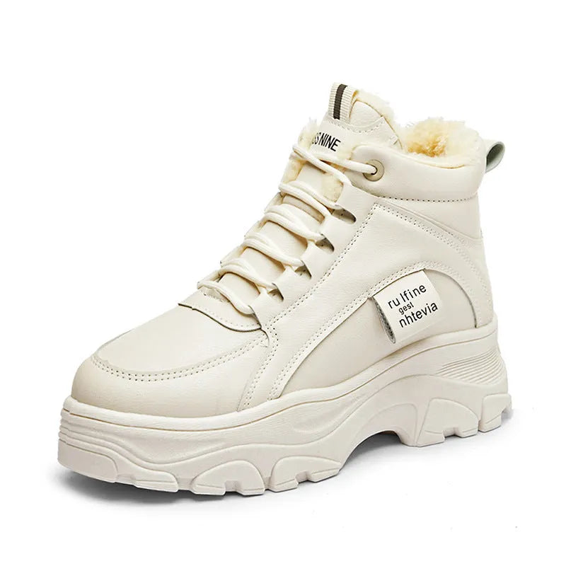 Thickened sneakers with flat thick sole, microfiber upper, round toe, and elastic band in beige colour