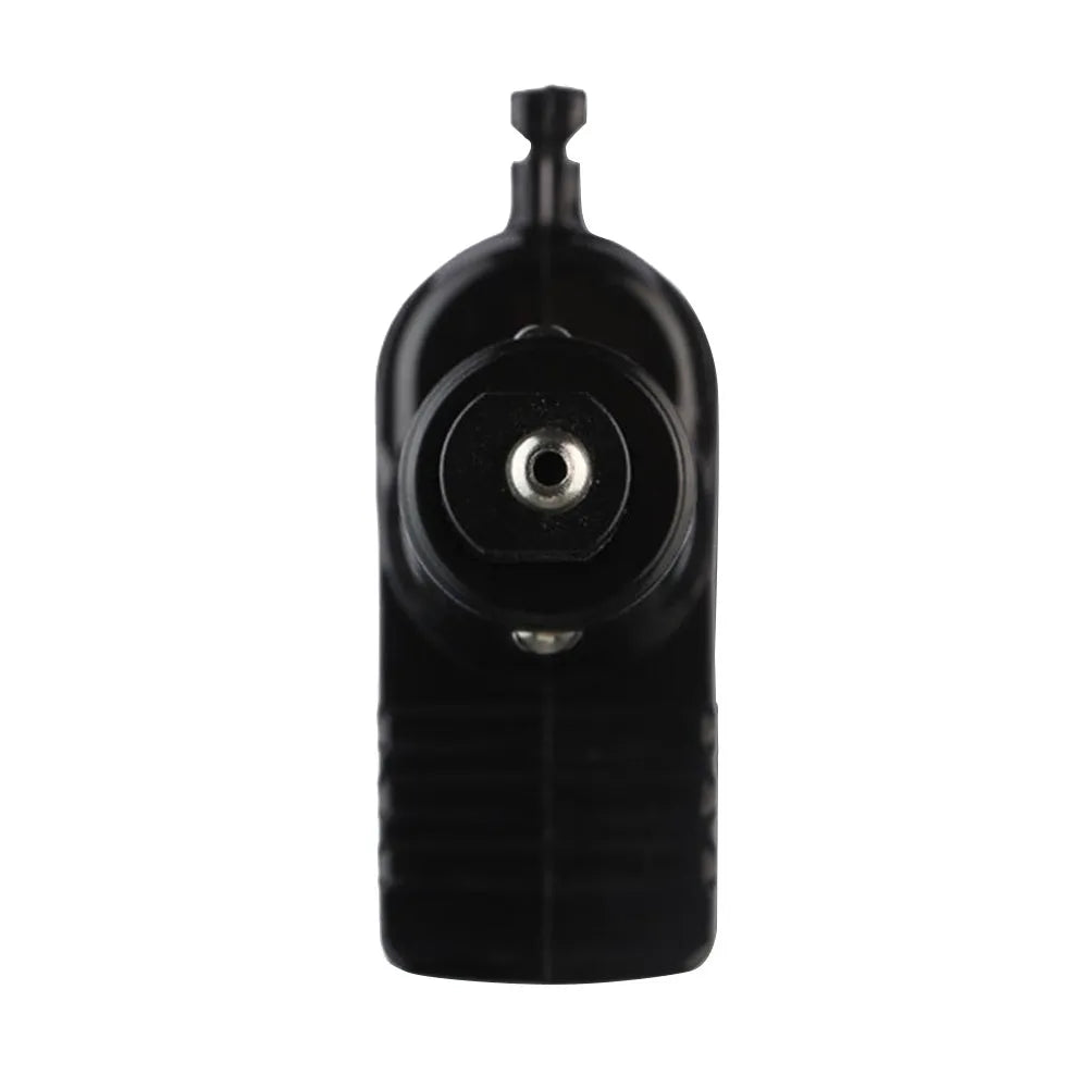 Black car safety hammer with PC polycarbonate body, tungsten steel tip, and seat belt cutter on grey background