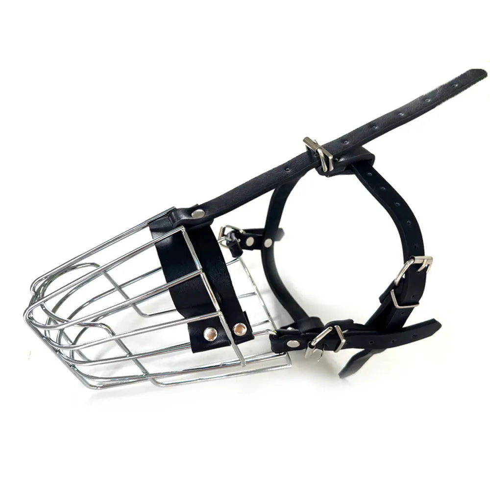 Black metal dog muzzle designed for Golden Retrievers and German Shepherds.
