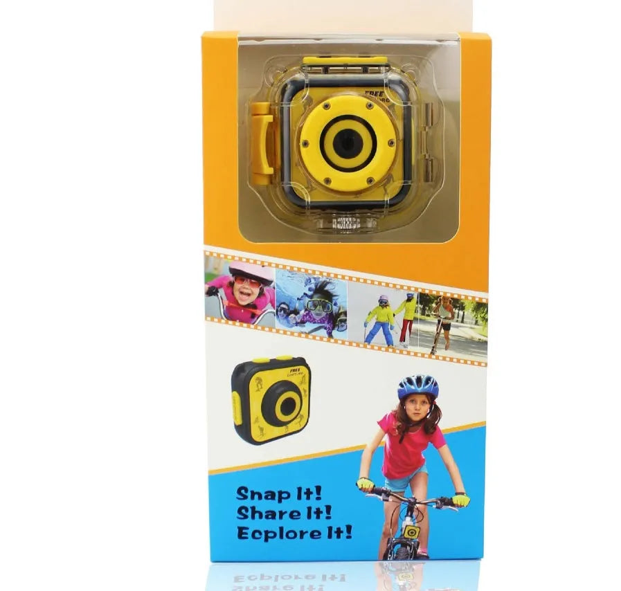 Yellow children's waterproof sports camera with compact design showing dimensions and LCD screen