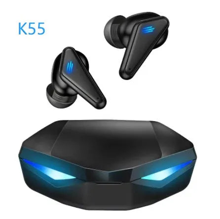 Blue Private Model K55 wireless Bluetooth gaming headset with in-ear earplug design.