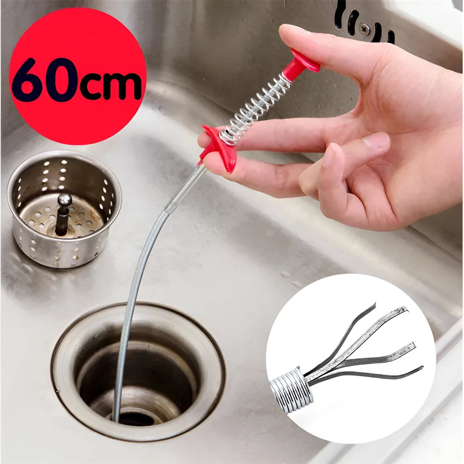 Flexible 60cm long sewer dredger spring cleaning tool with a grip handle for unblocking sink drains.