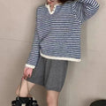 Women's retro striped cashmere pullover sweater with plaid pattern and loose fit