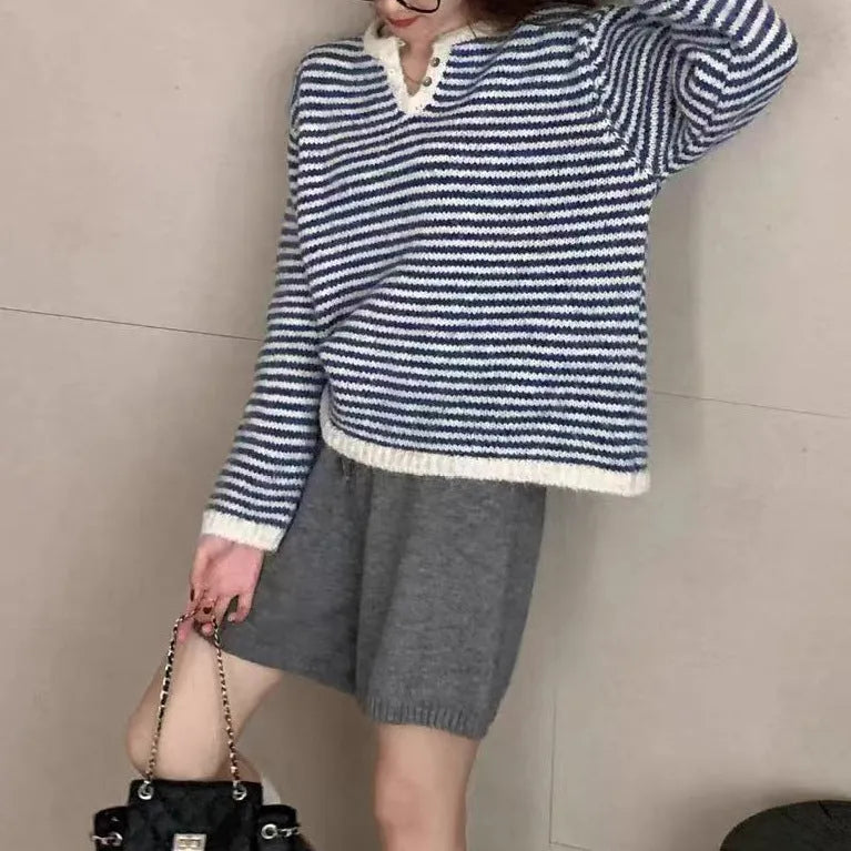 Women's retro striped cashmere pullover sweater with plaid pattern and loose fit